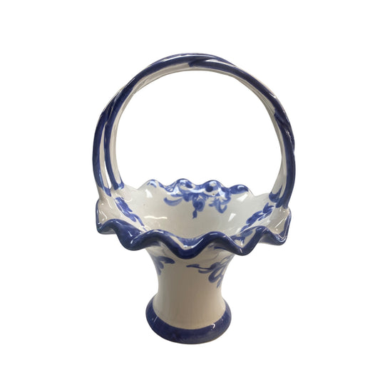 Hand-Painted Blue & White Ceramic Basket Vase With Floral Design Made In Portugal