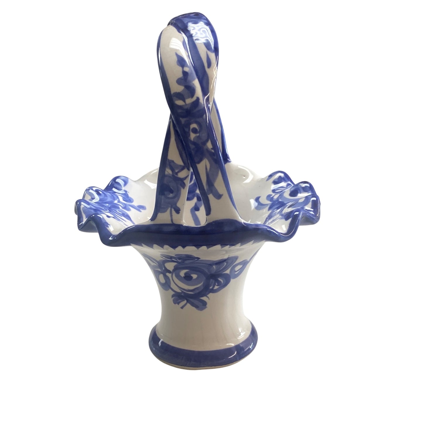 Hand-Painted Blue & White Ceramic Basket Vase With Floral Design Made In Portugal