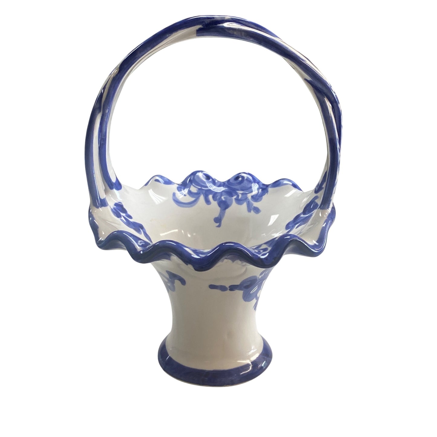 Hand-Painted Blue & White Ceramic Basket Vase With Floral Design Made In Portugal