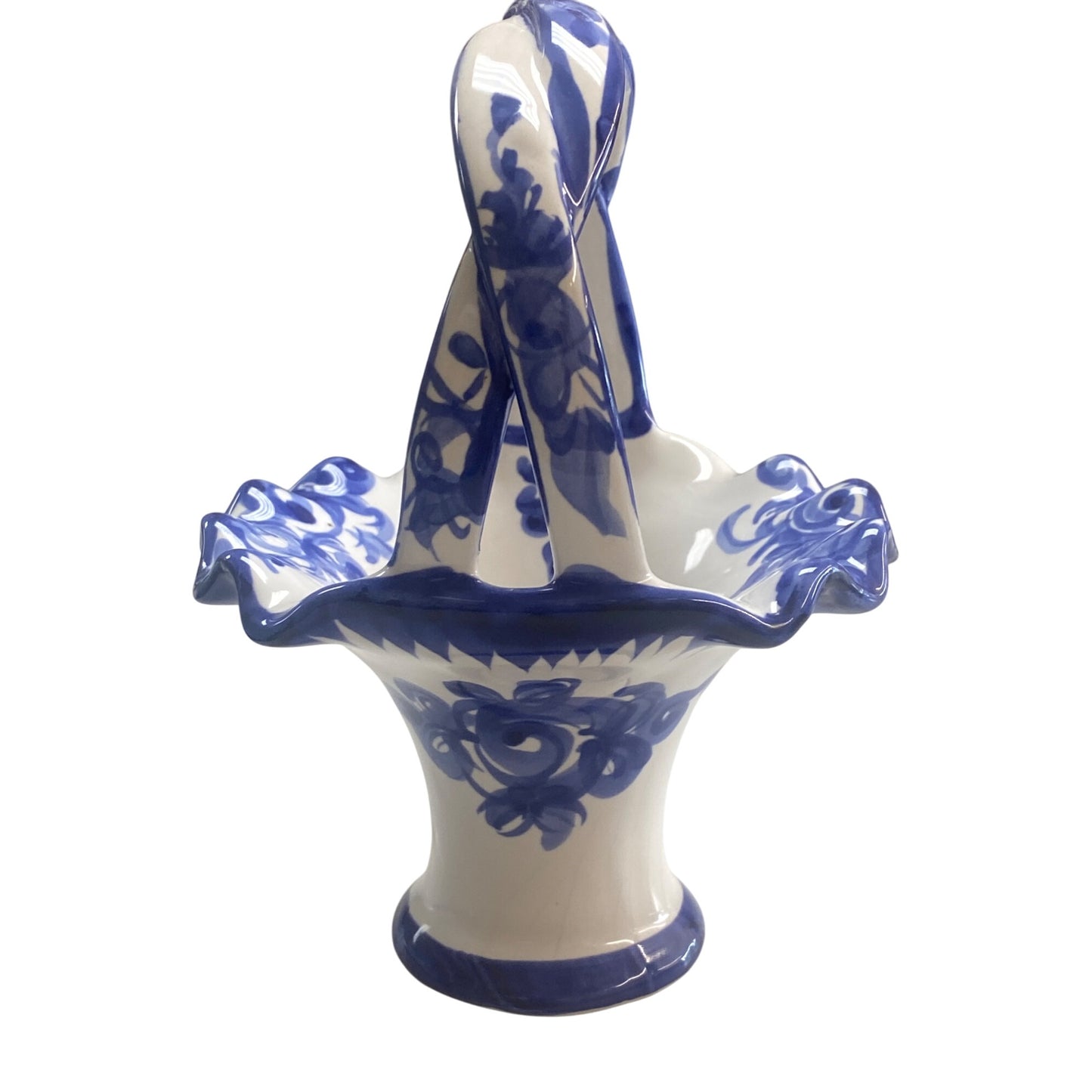 Hand-Painted Blue & White Ceramic Basket Vase With Floral Design Made In Portugal