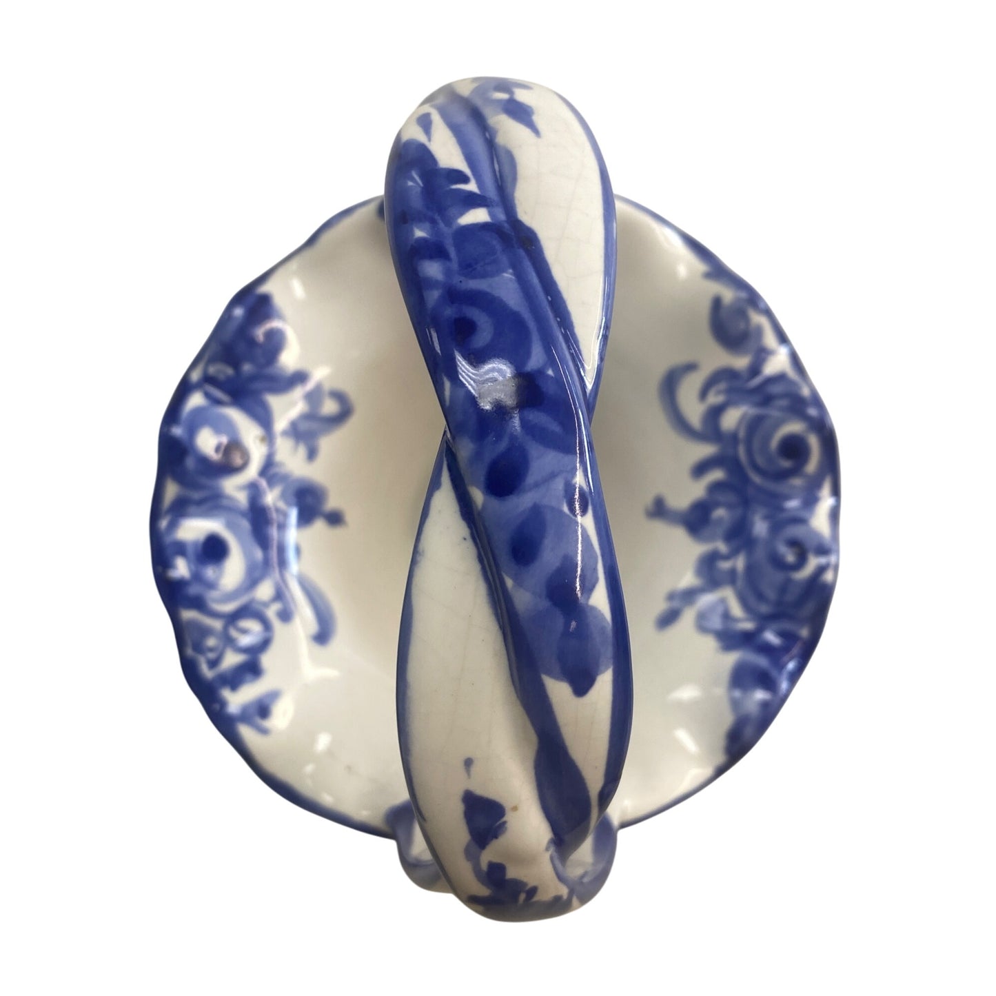 Hand-Painted Blue & White Ceramic Basket Vase With Floral Design Made In Portugal