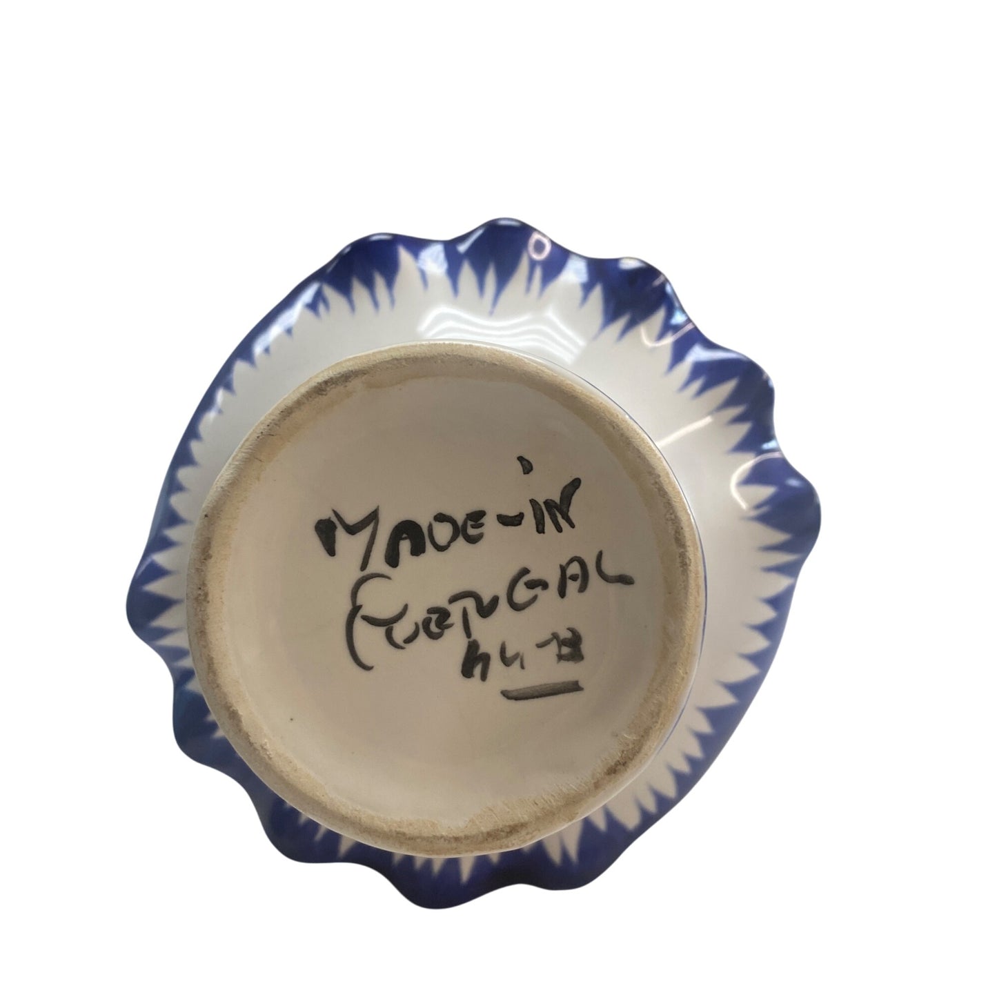 Hand-Painted Blue & White Ceramic Basket Vase With Floral Design Made In Portugal