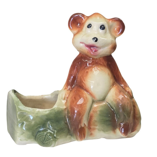 Vintage American Bisque Pottery Bear on Log