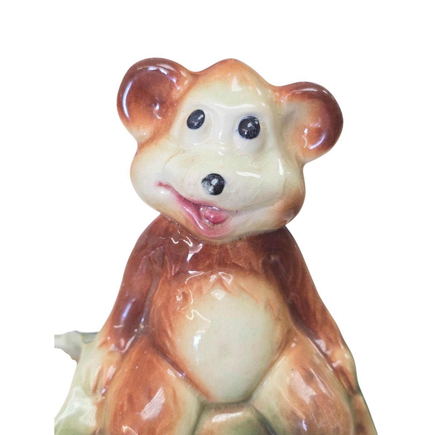 Vintage American Bisque Pottery Bear on Log