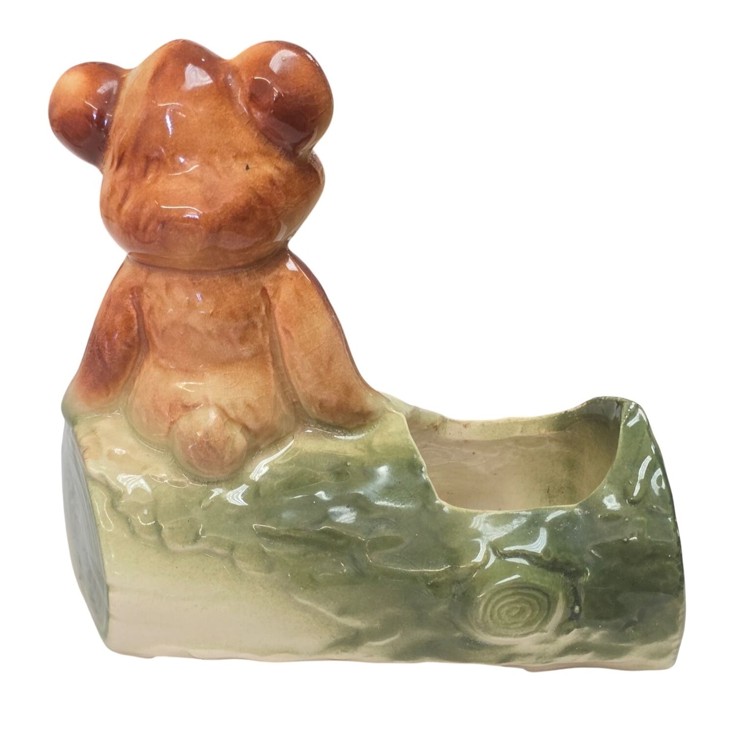 Vintage American Bisque Pottery Bear on Log