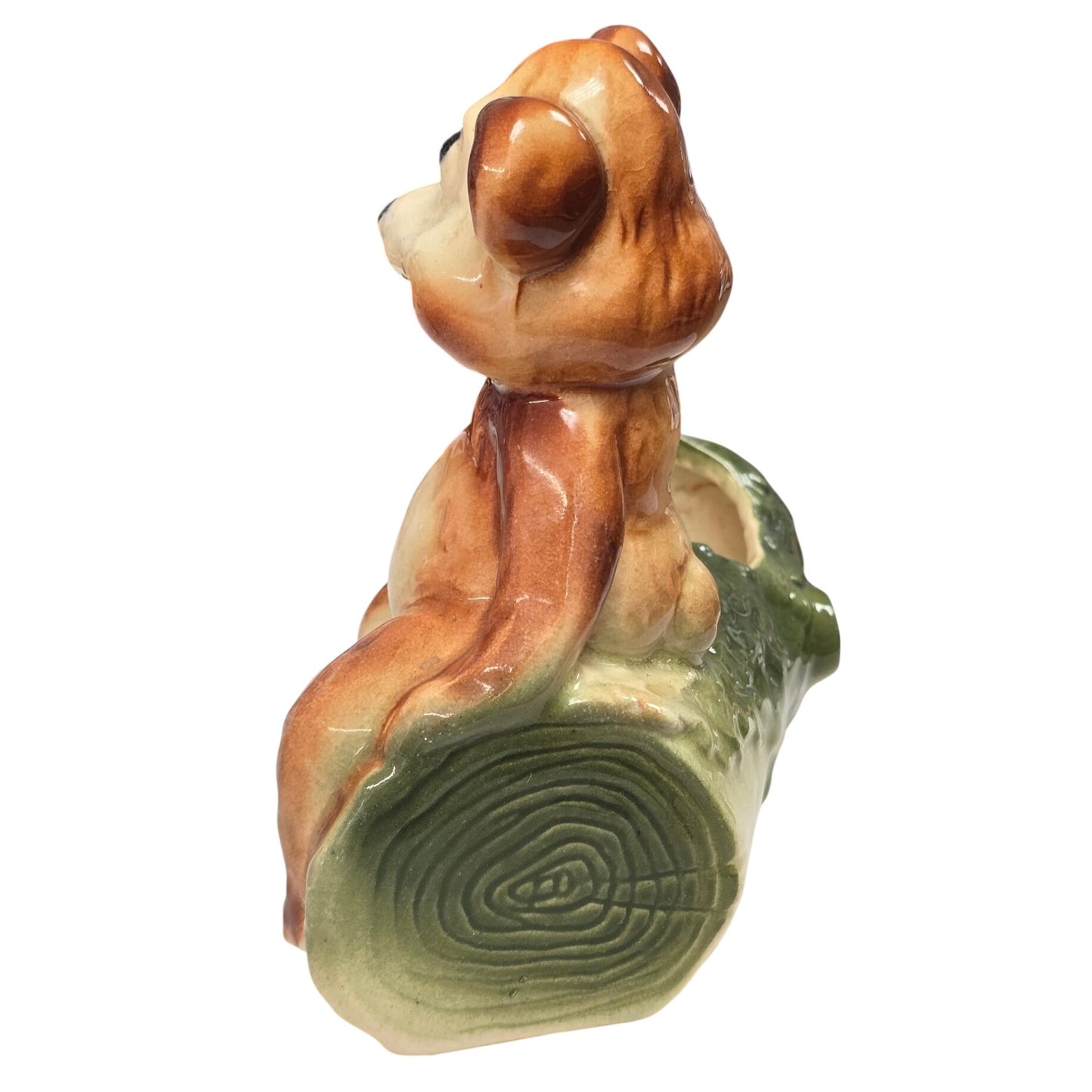 Vintage American Bisque Pottery Bear on Log