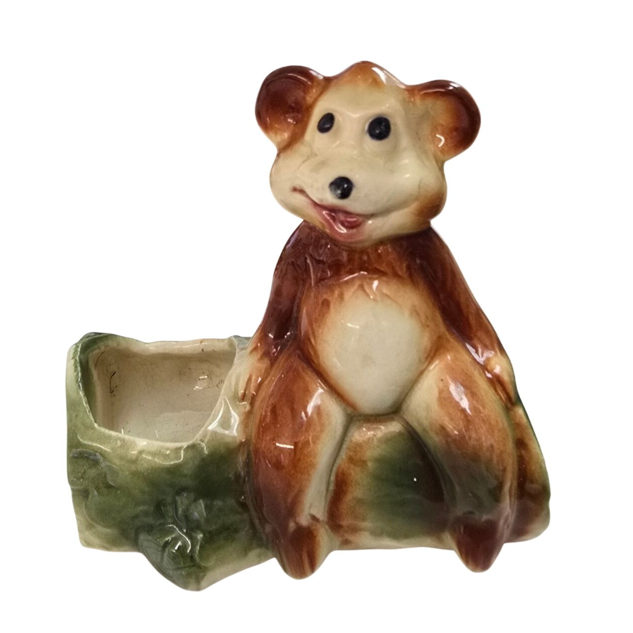 Vintage American Bisque Pottery Bear on Log