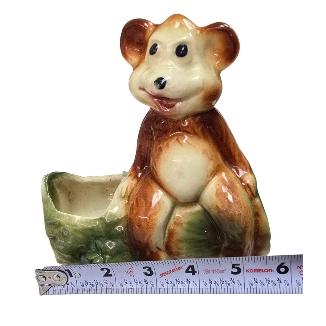 Vintage American Bisque Pottery Bear on Log