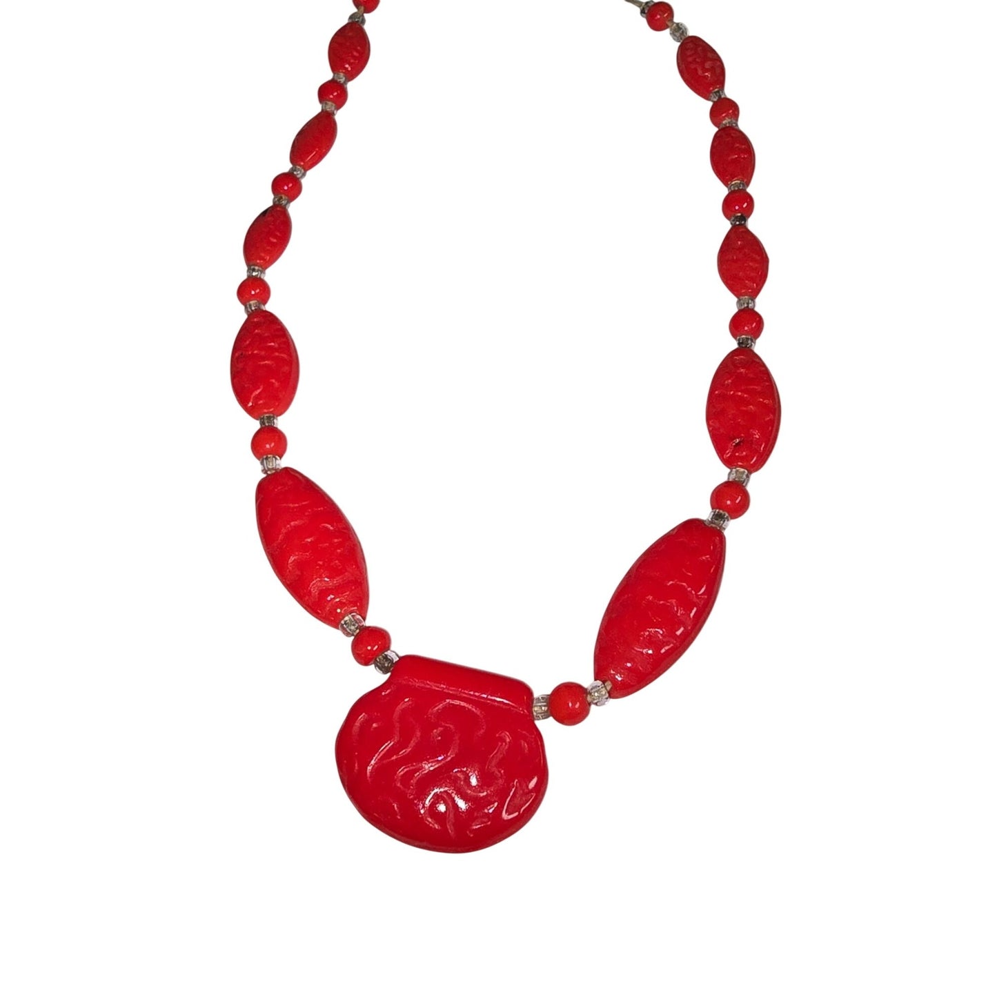 Vintage Red Oval & Round Bead Necklace