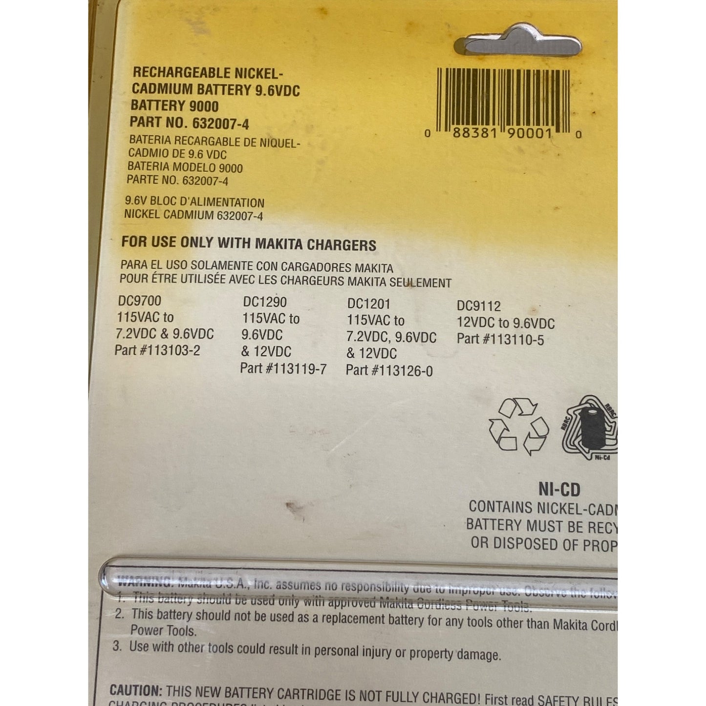 Makita Rechargeable Battery 9000 Ni-Cd 9.6VDC For Cordless Tools