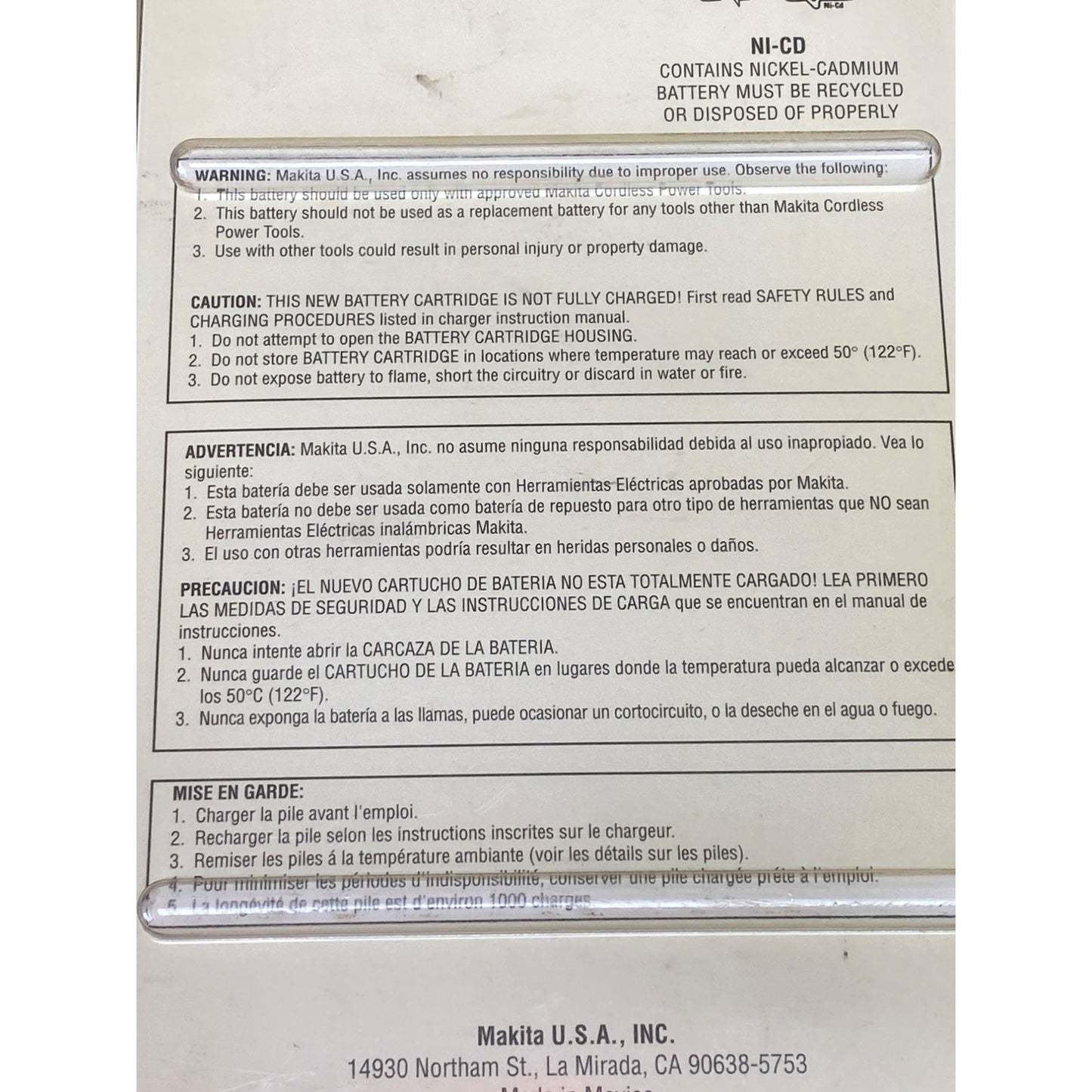 Makita Rechargeable Battery 9000 Ni-Cd 9.6VDC For Cordless Tools