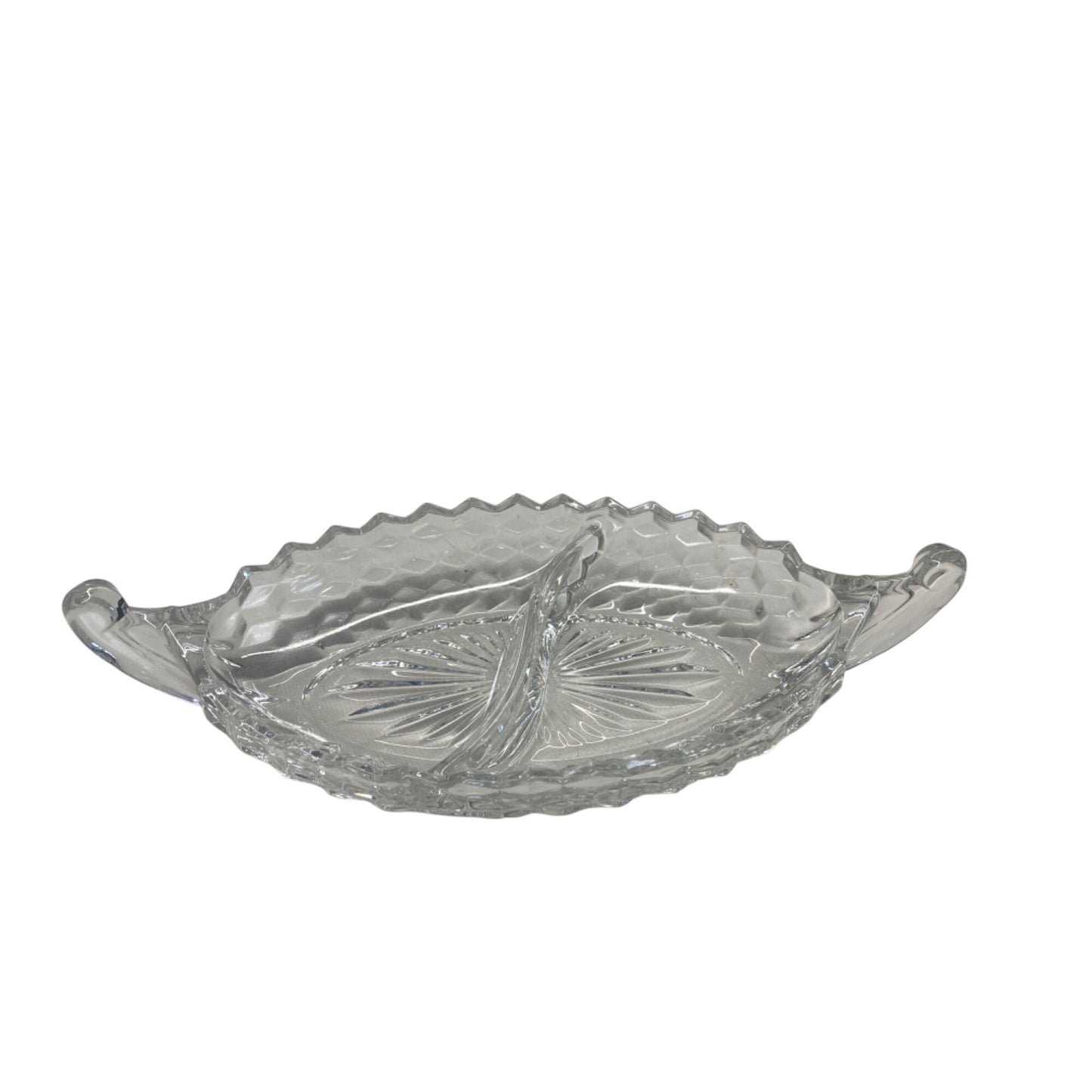 Vintage Clear Glass Divided Relish Dish With Handles Oval Shape 12-Inch Intricate Pattern Elegant Serveware For Dining & Entertaining