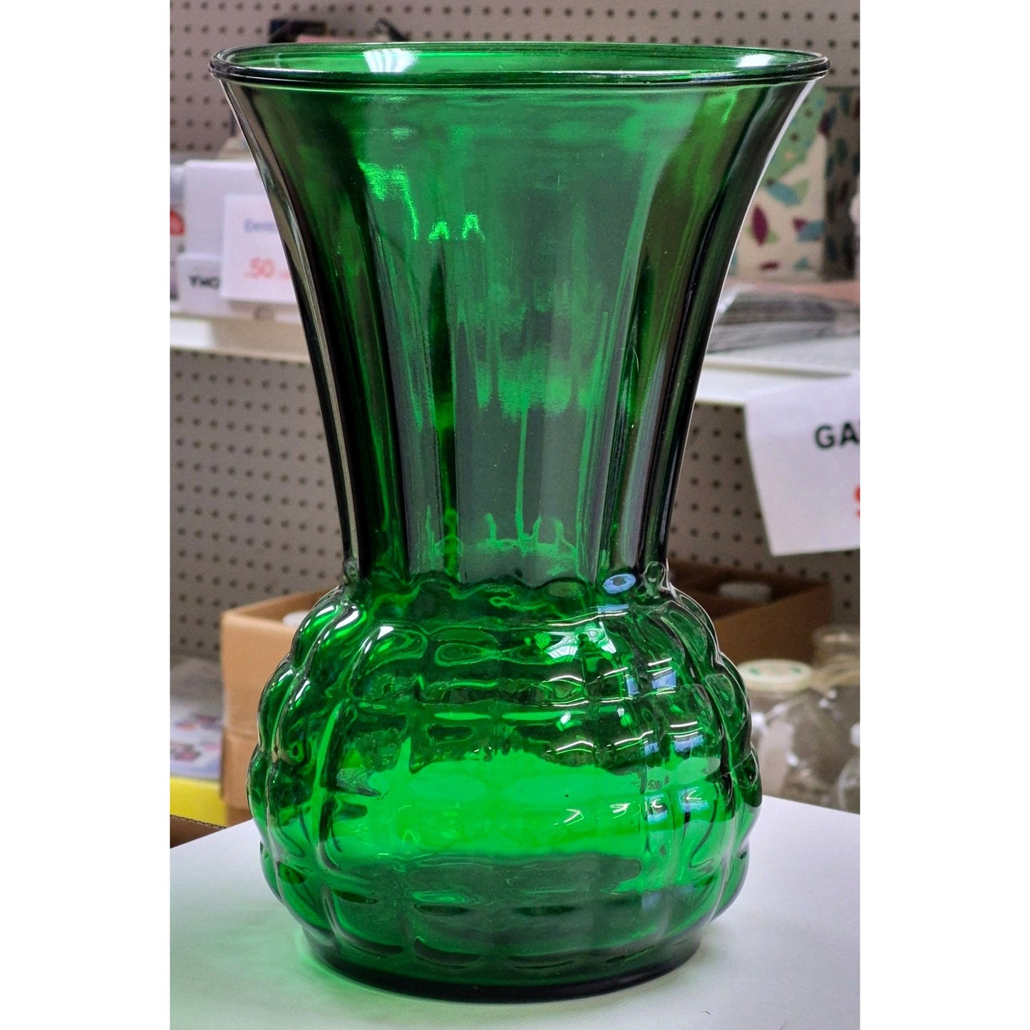 Green Glass Vase With Scalloped Design & Flared Top