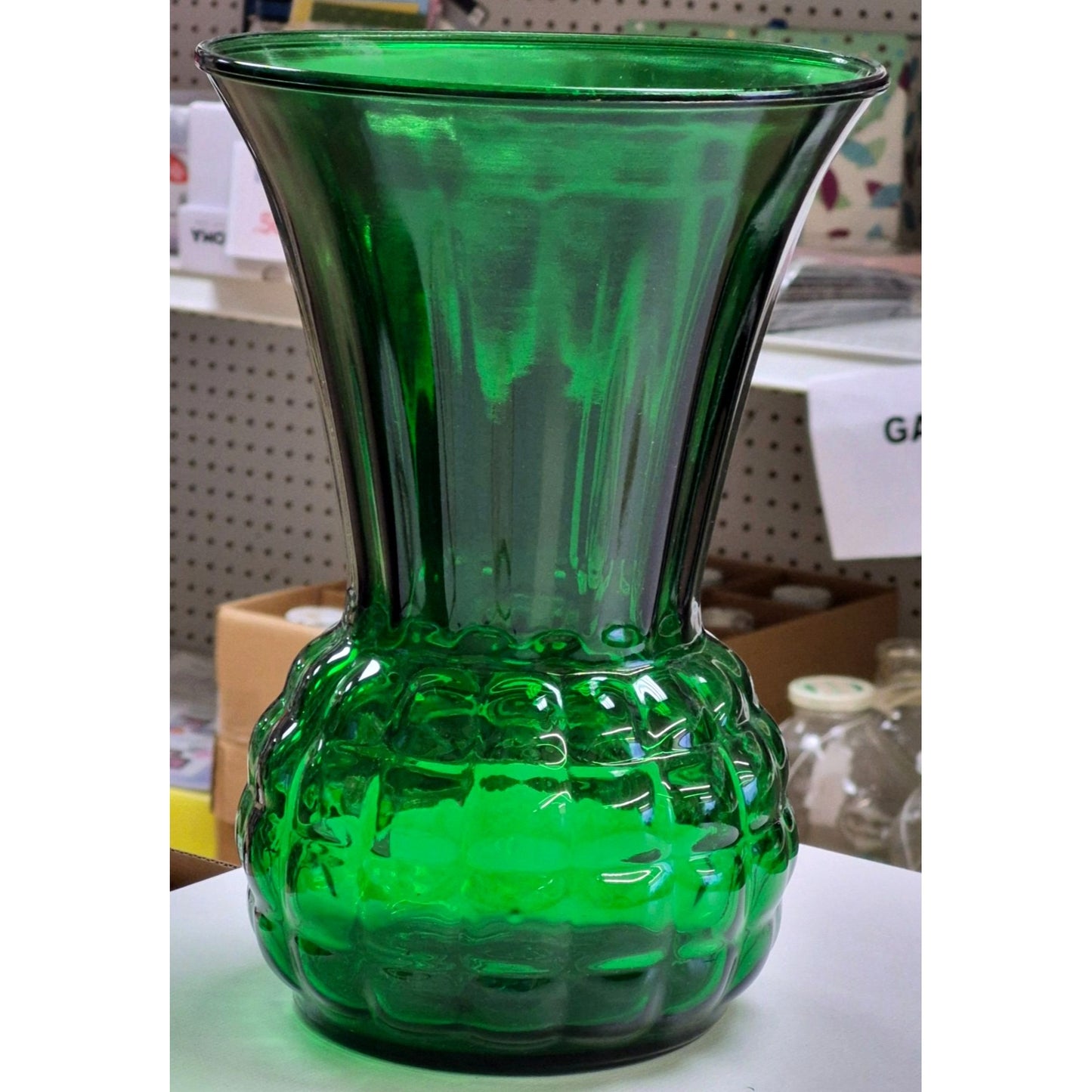 Green Glass Vase With Scalloped Design & Flared Top