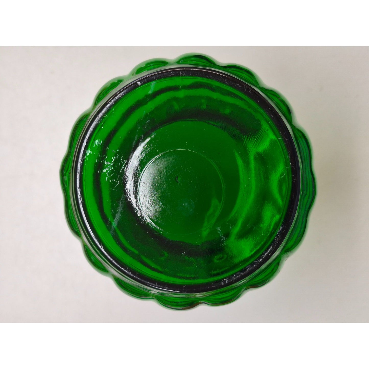 Green Glass Vase With Scalloped Design & Flared Top