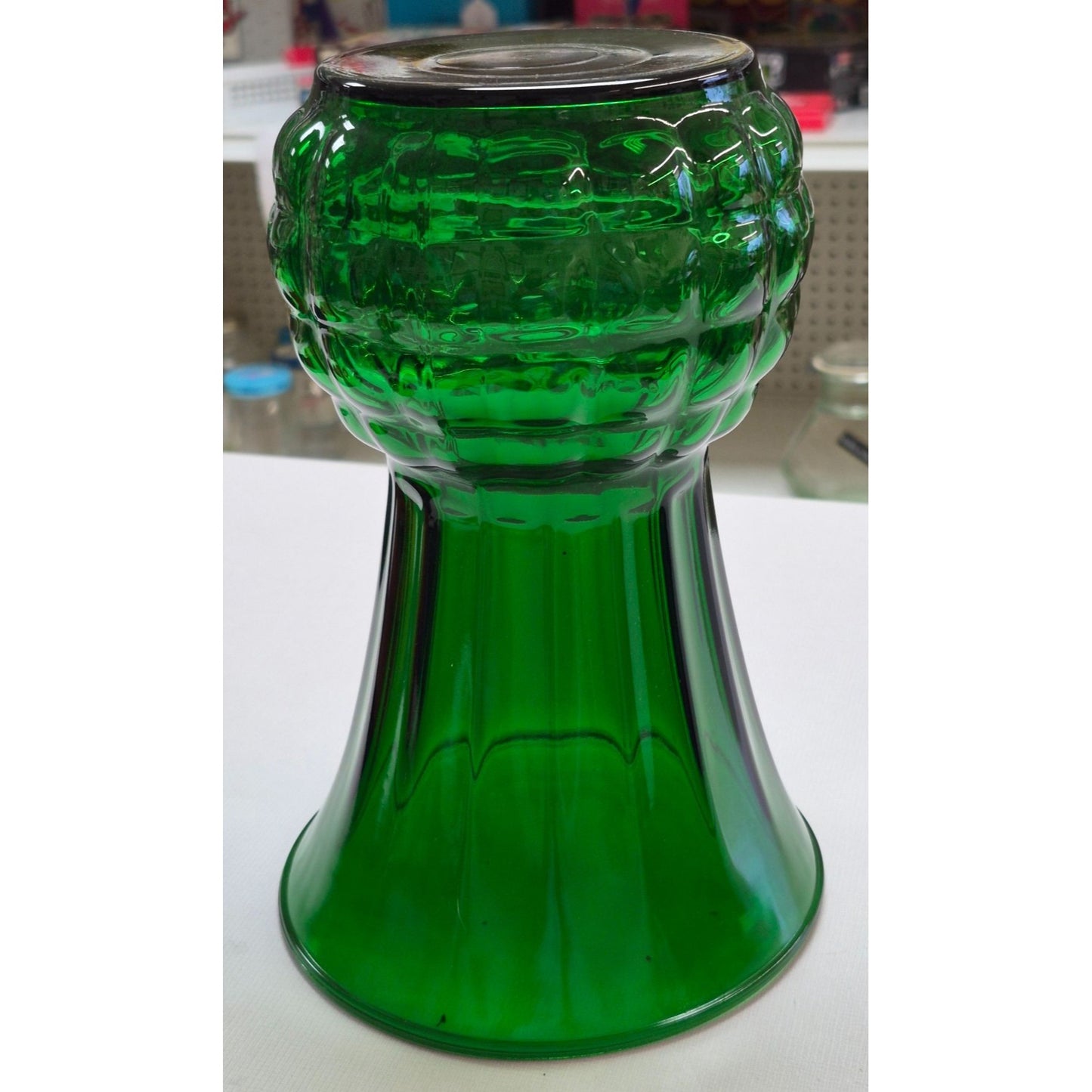 Green Glass Vase With Scalloped Design & Flared Top