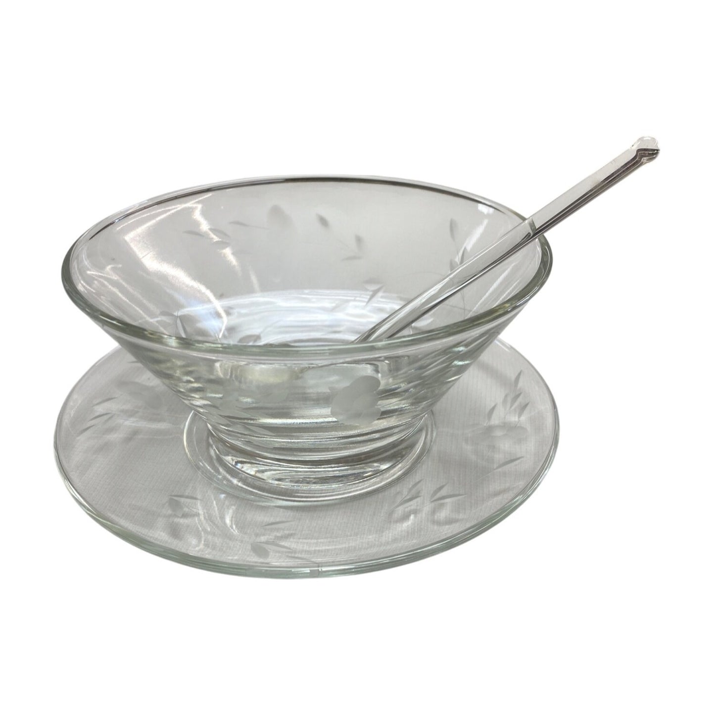 Etched Clear Glass Bowl Set W/ Plate & Shell Spoon