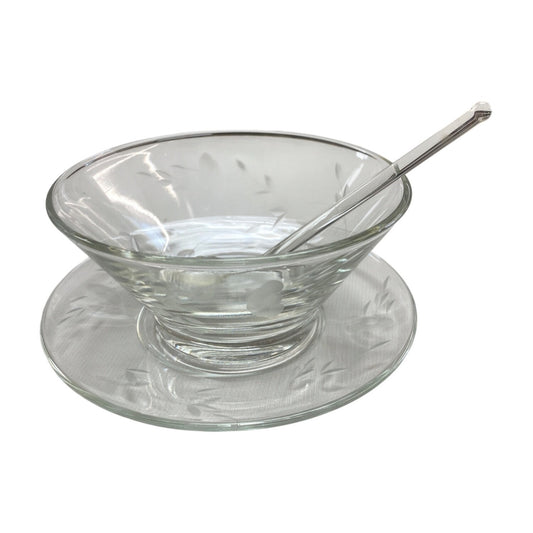 Etched Clear Glass Bowl Set W/ Plate & Shell Spoon