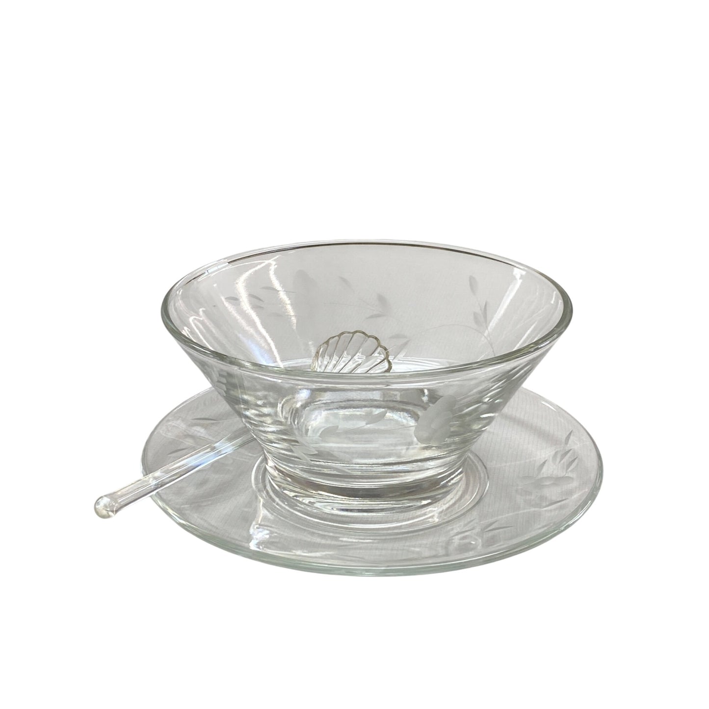 Etched Clear Glass Bowl Set W/ Plate & Shell Spoon