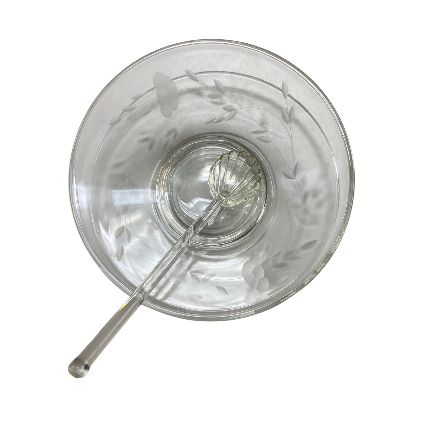 Etched Clear Glass Bowl Set W/ Plate & Shell Spoon