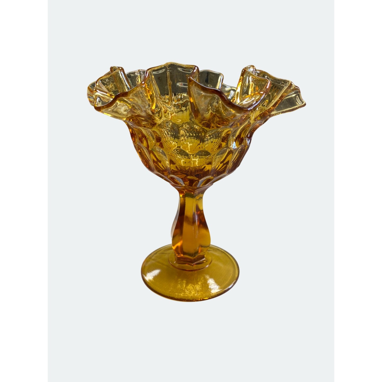 Amber Compote Ruffled Edge Glass Pedestal Vase With Textured Pattern