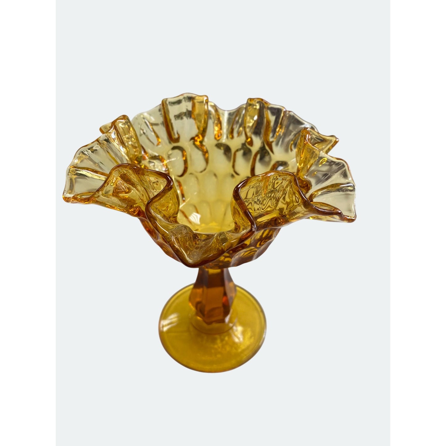 Amber Compote Ruffled Edge Glass Pedestal Vase With Textured Pattern