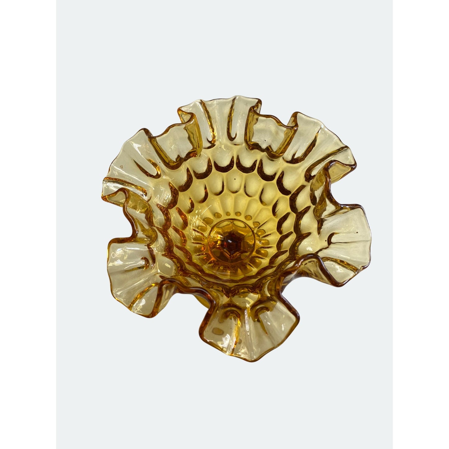 Amber Compote Ruffled Edge Glass Pedestal Vase With Textured Pattern