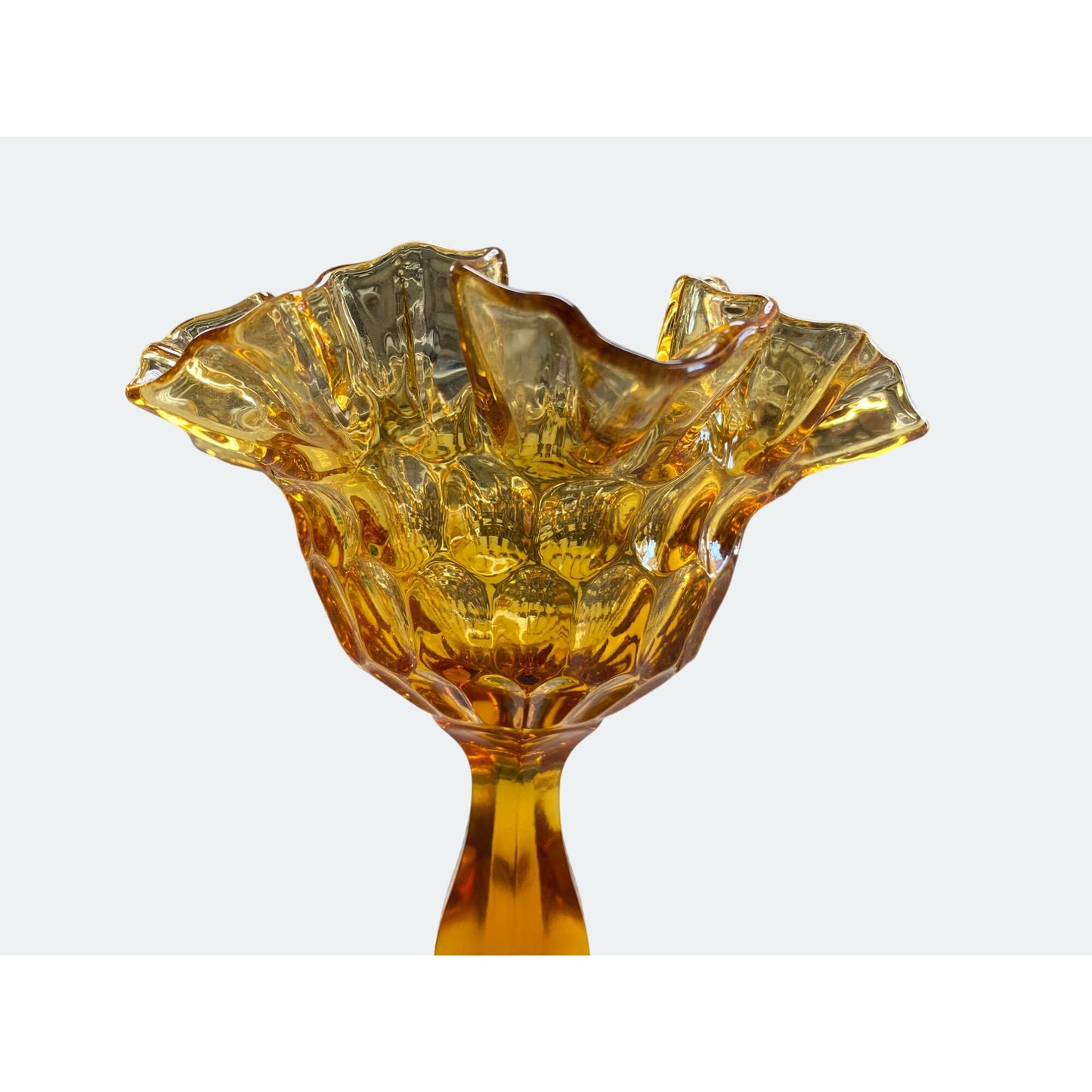 Amber Compote Ruffled Edge Glass Pedestal Vase With Textured Pattern