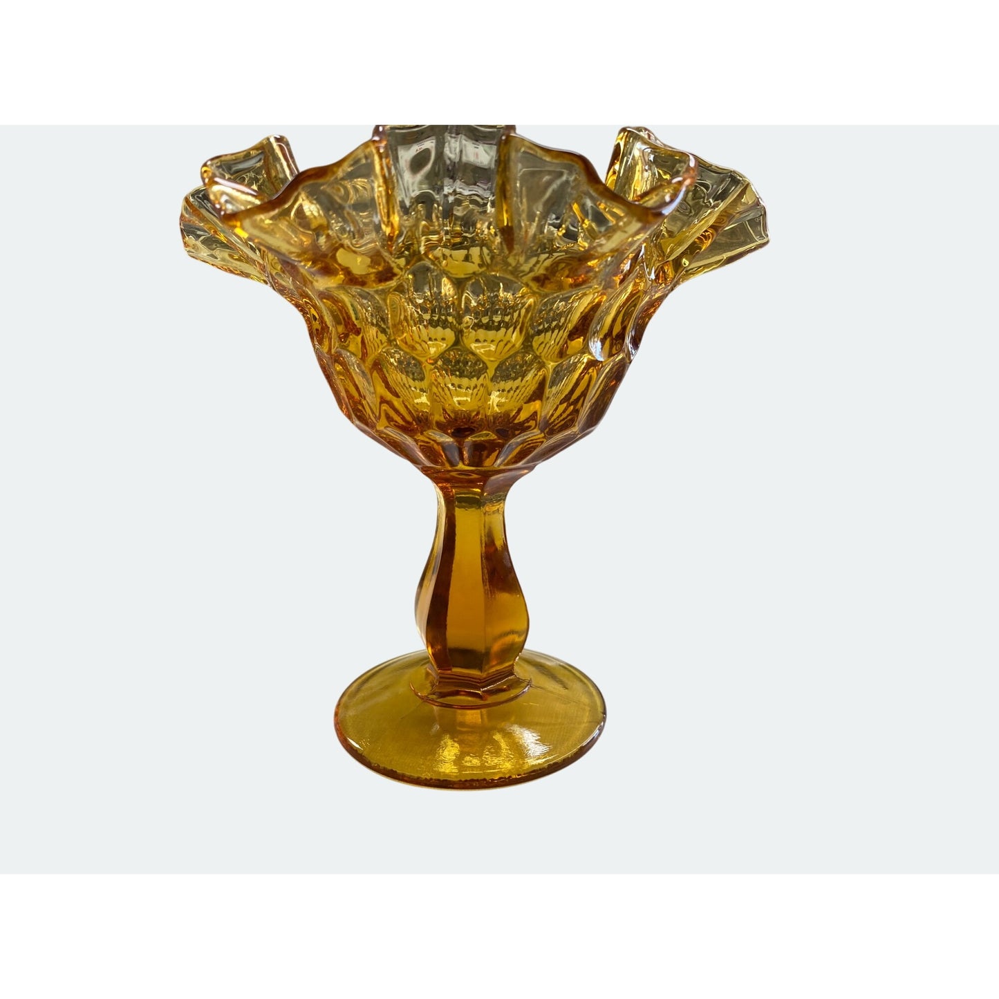 Amber Compote Ruffled Edge Glass Pedestal Vase With Textured Pattern
