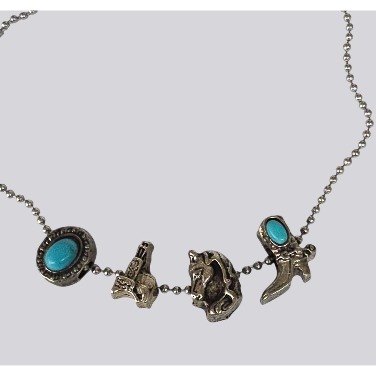 Western Charm Necklace Turquoise Accents – Horse, Boot, Saddle Hat – Ball Chain