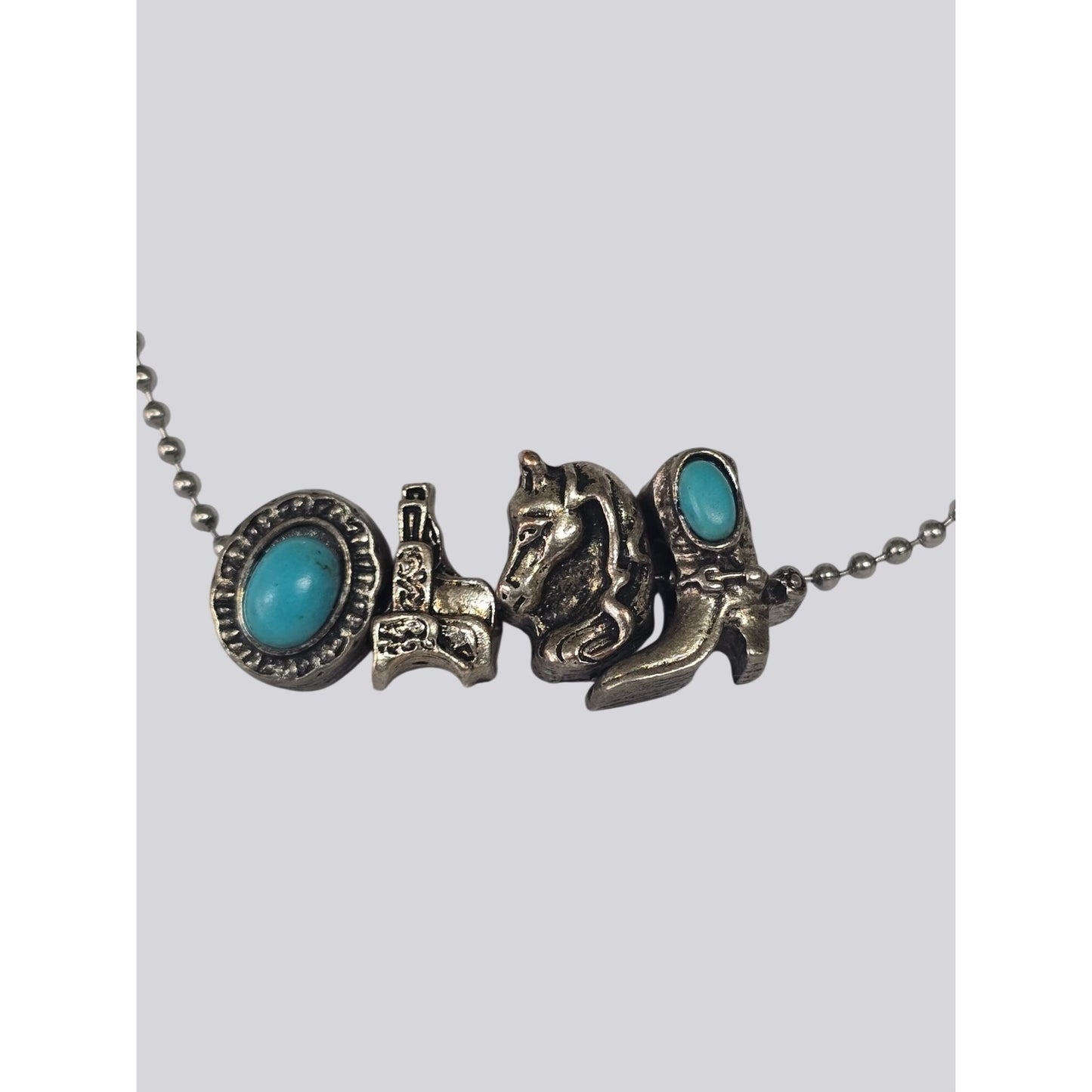Western Charm Necklace Turquoise Accents – Horse, Boot, Saddle Hat – Ball Chain