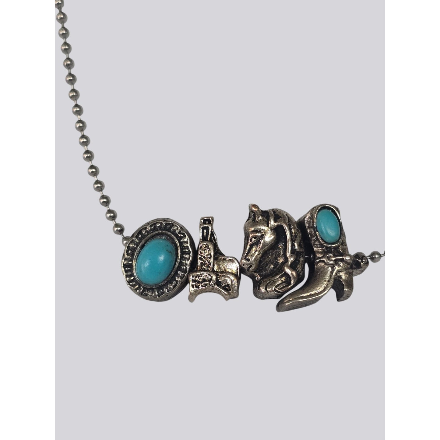 Western Charm Necklace Turquoise Accents – Horse, Boot, Saddle Hat – Ball Chain