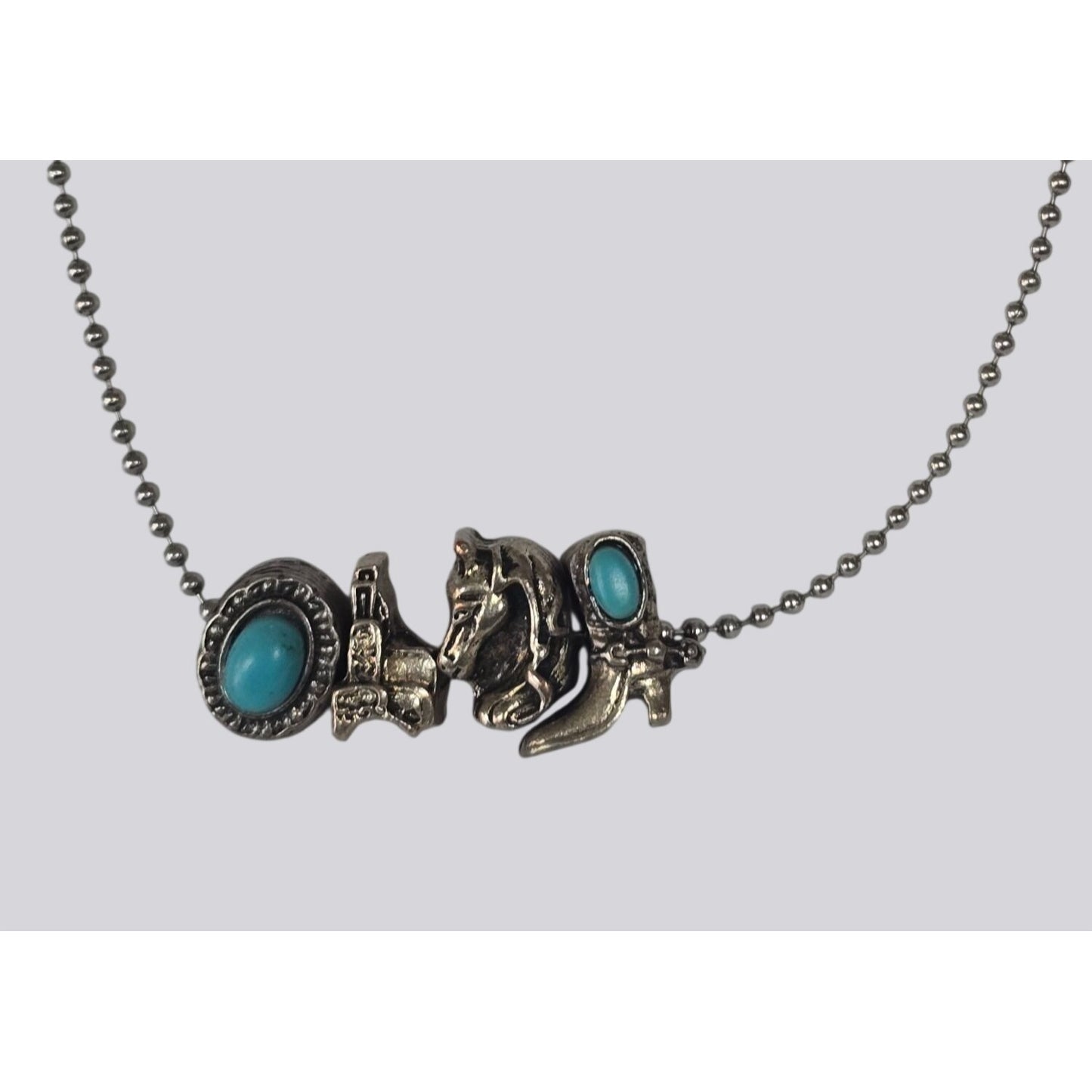 Western Charm Necklace Turquoise Accents – Horse, Boot, Saddle Hat – Ball Chain