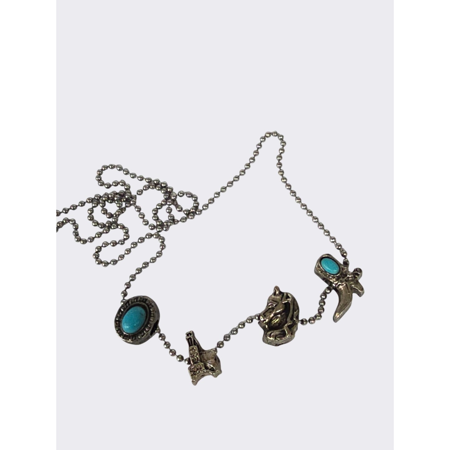 Western Charm Necklace Turquoise Accents – Horse, Boot, Saddle Hat – Ball Chain