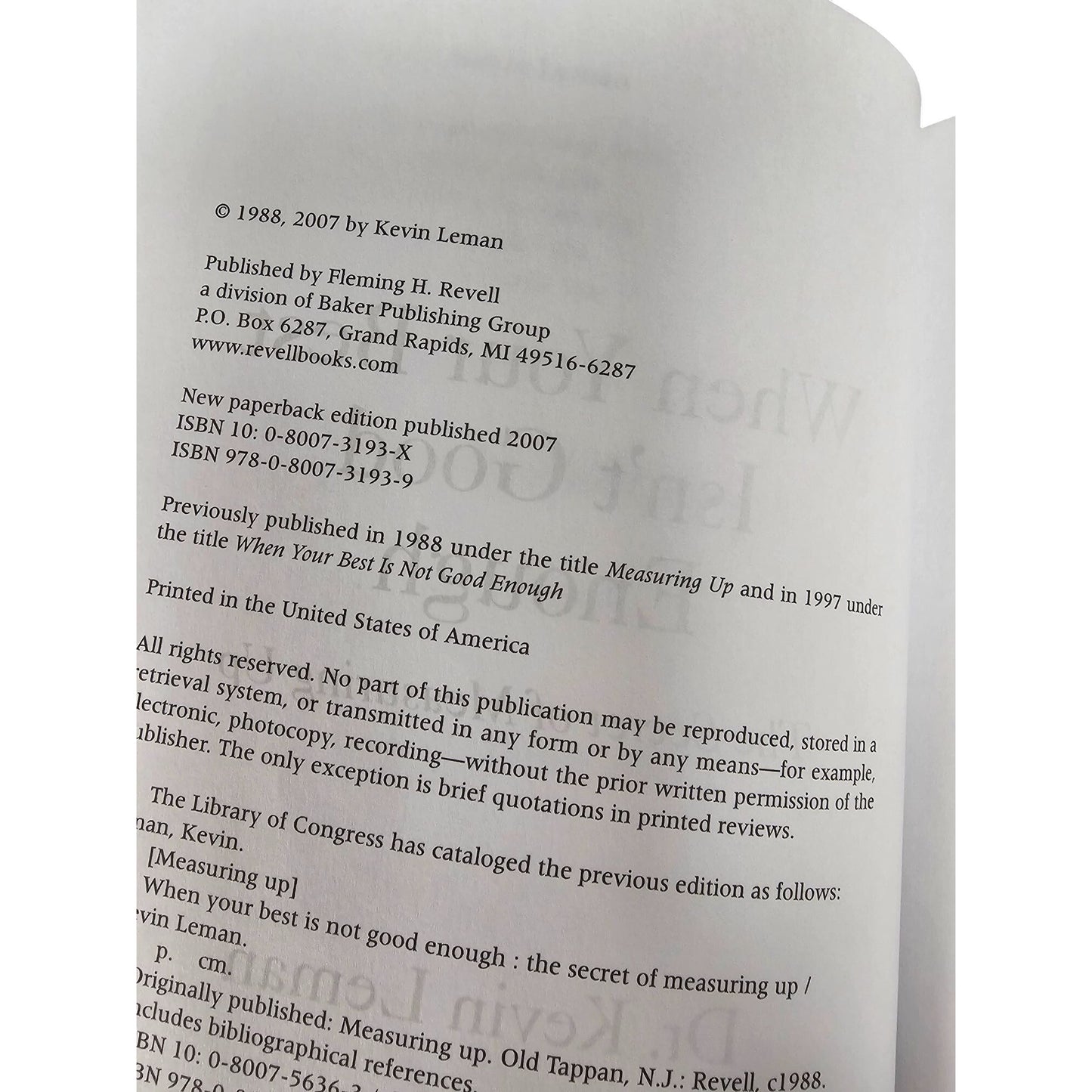 When Your Best Isnt Good Enough By Dr. Kevin Leman Paperback 2007 Self-Help Book