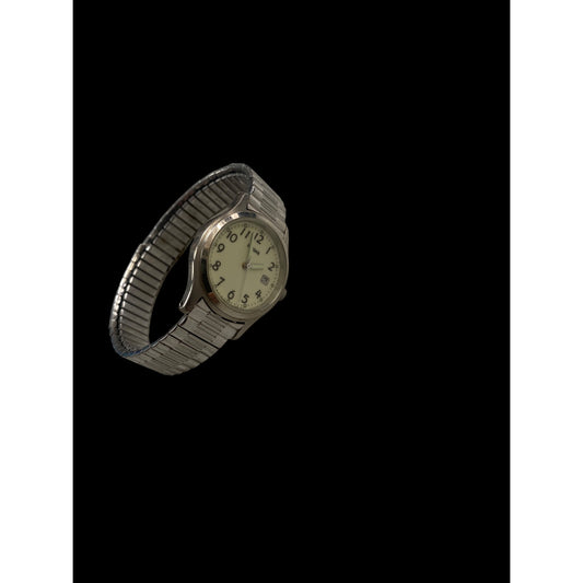 Vintage Pulsar Mens Watch With Stretch Band & Date Display Silver-Tone Stainless Steel White Dial Needs new battery