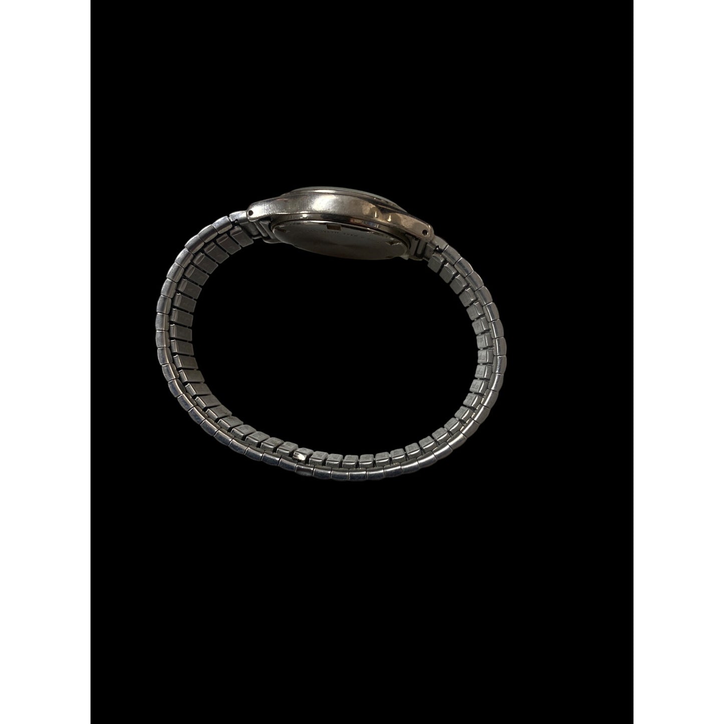 Vintage Pulsar Mens Watch With Stretch Band & Date Display Silver-Tone Stainless Steel White Dial Needs new battery