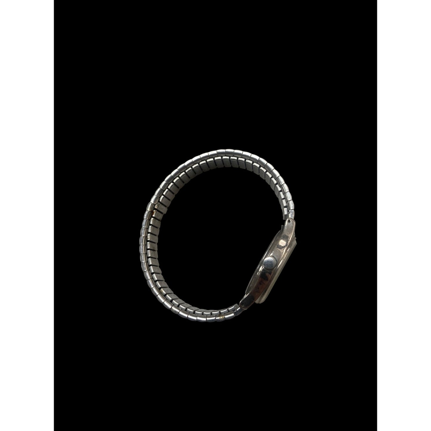 Vintage Pulsar Mens Watch With Stretch Band & Date Display Silver-Tone Stainless Steel White Dial Needs new battery