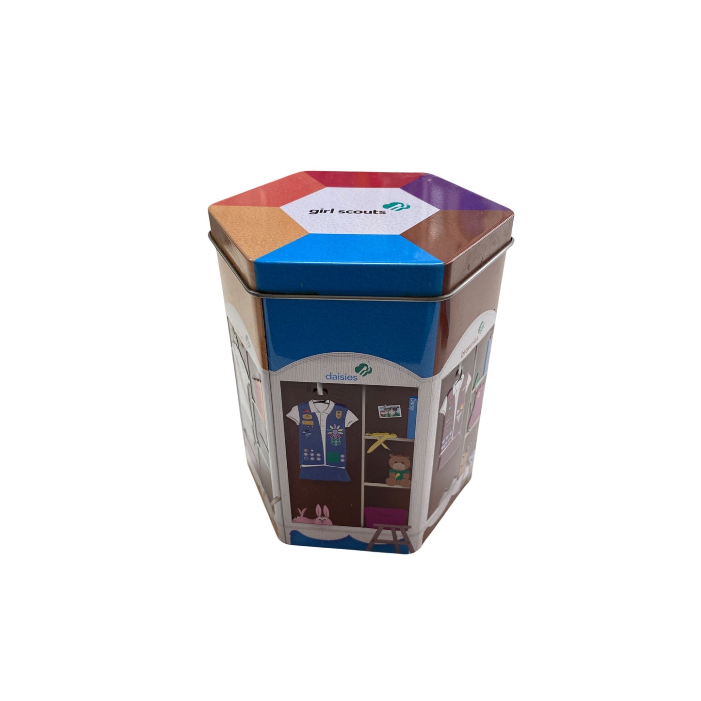Girl Scouts Hexagonal Tin Box With Colorful Design & Emblems 2018
