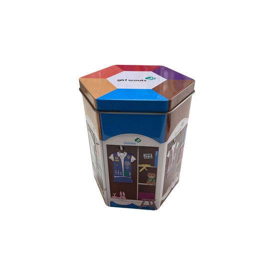 Girl Scouts Hexagonal Tin Box With Colorful Design & Emblems 2018