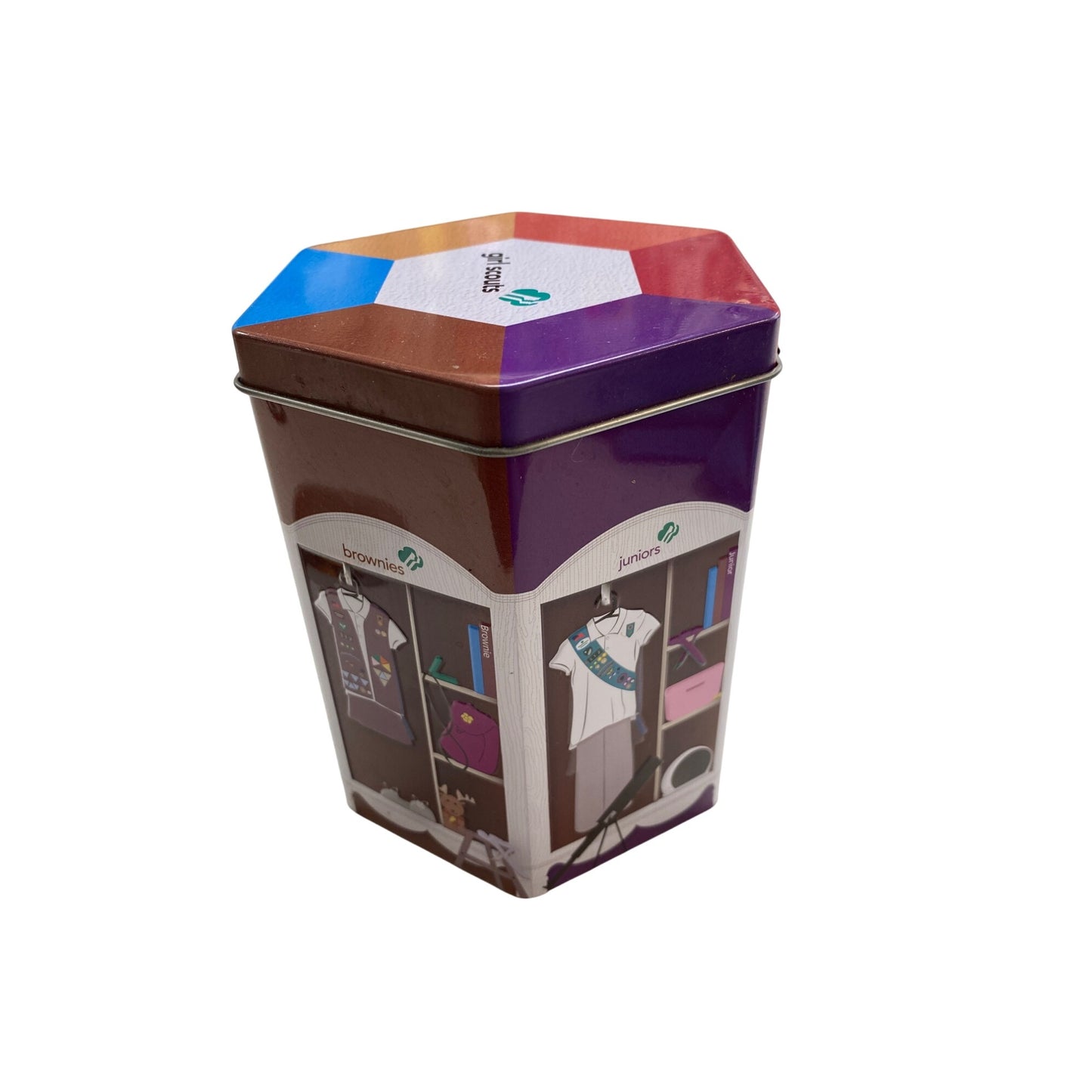 Girl Scouts Hexagonal Tin Box With Colorful Design & Emblems 2018