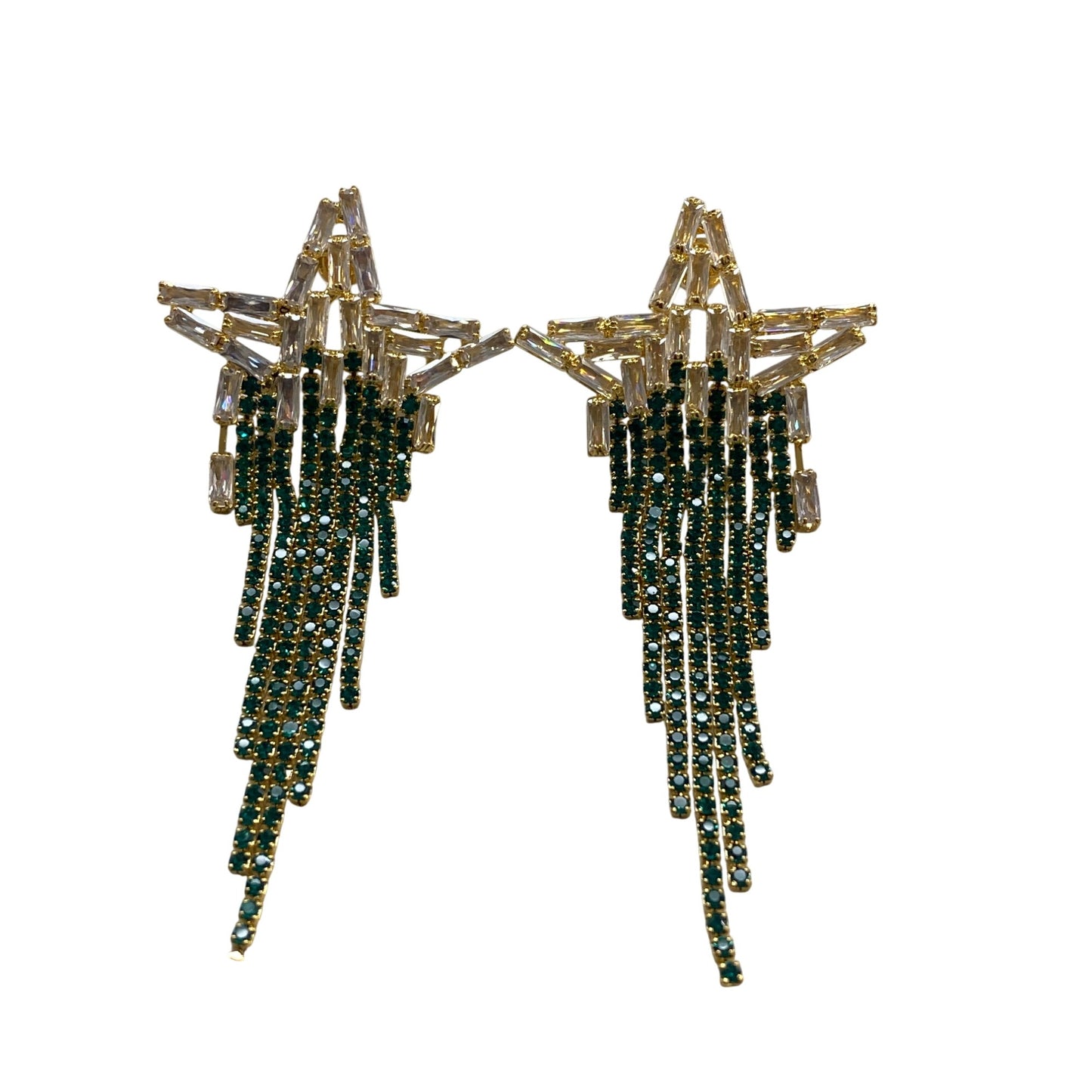Star-Shaped Drop Earrings With Gold & Green Crystal Tassels