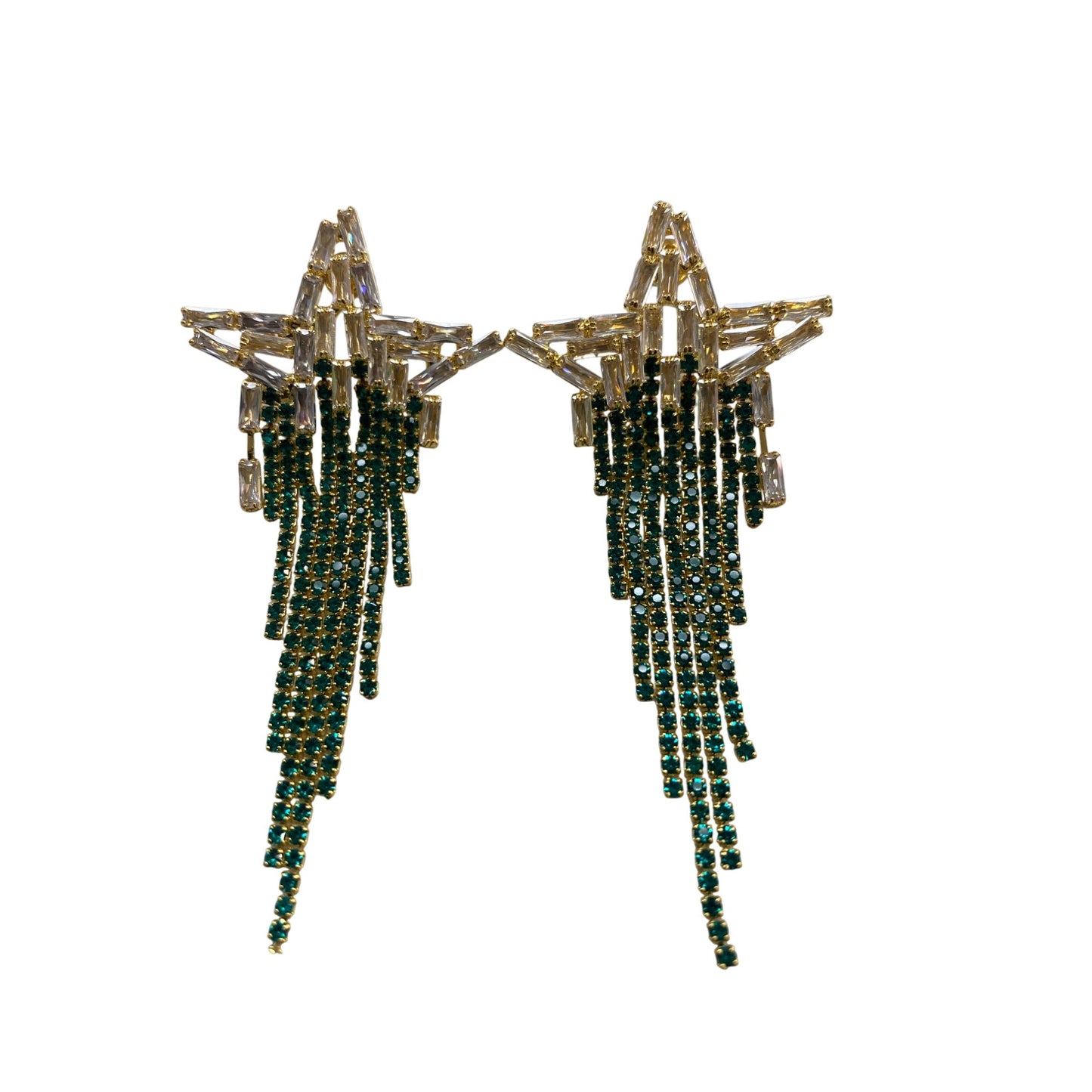 Star-Shaped Drop Earrings With Gold & Green Crystal Tassels