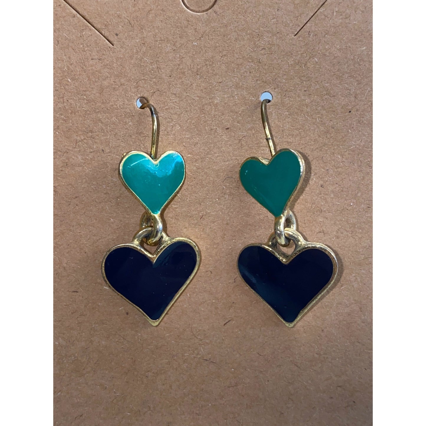 Gold Tone Heart Drop Earrings Emerald & Navy Enamel Accents