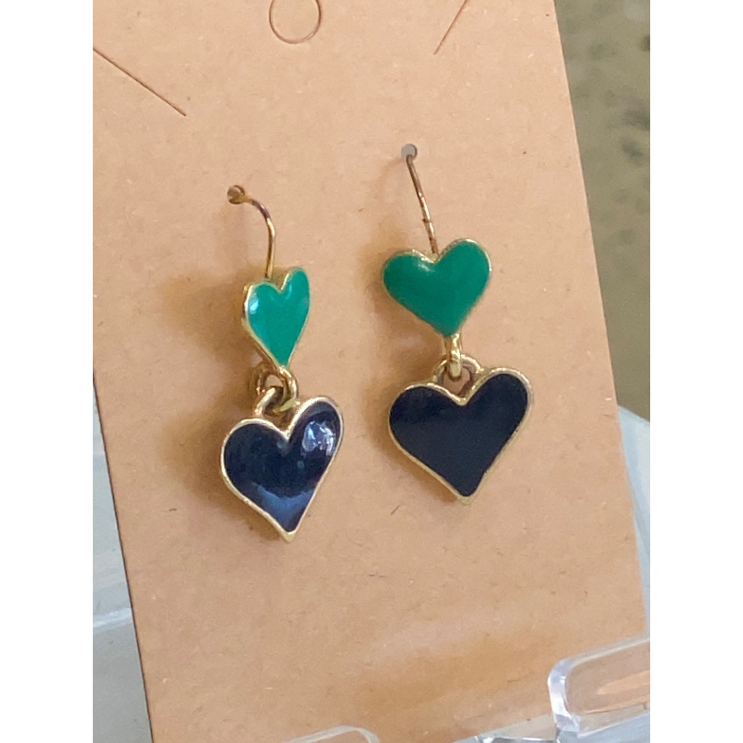 Gold Tone Heart Drop Earrings Emerald & Navy Enamel Accents