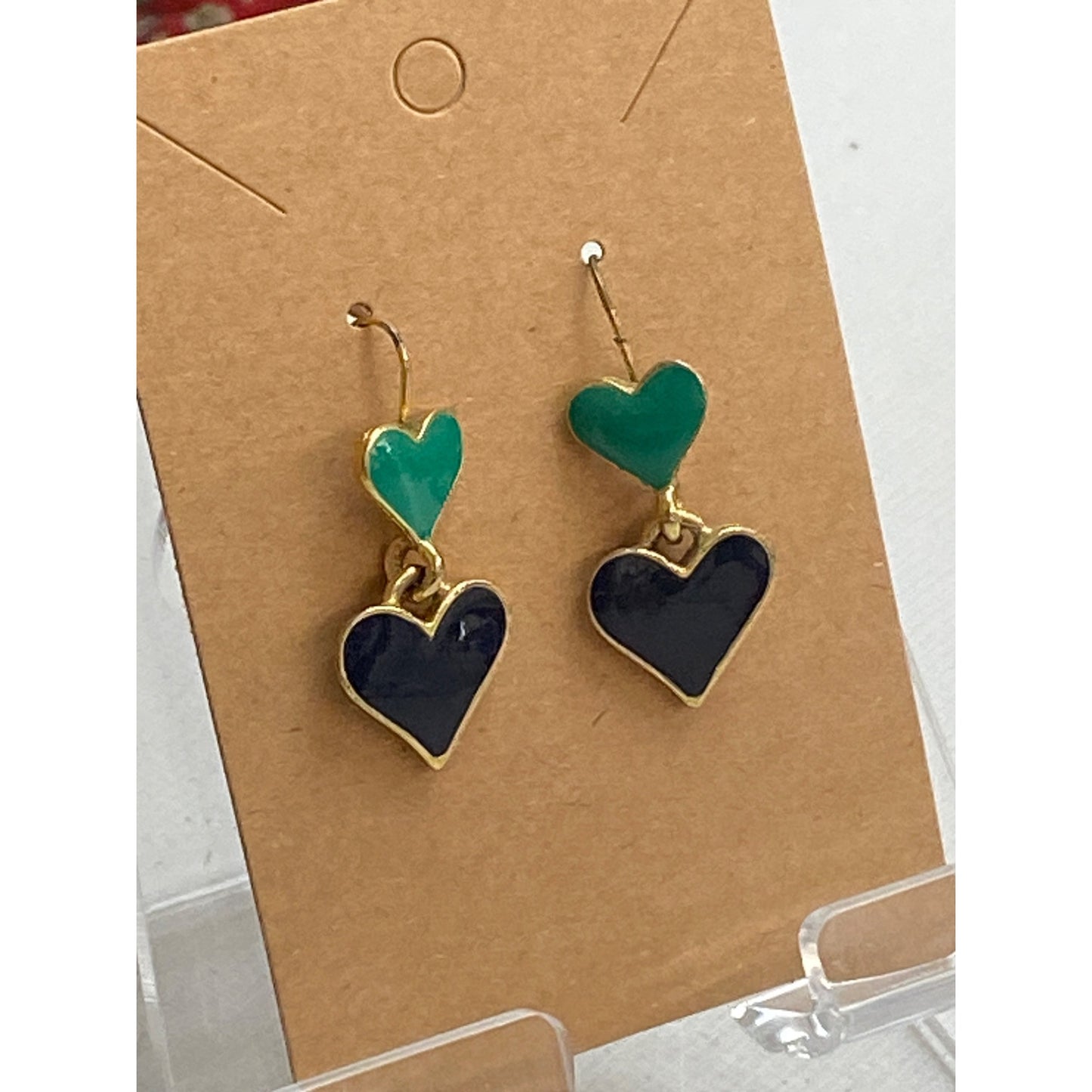 Gold Tone Heart Drop Earrings Emerald & Navy Enamel Accents
