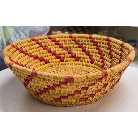 Handwoven Straw Basket With Red & Yellow Zigzag Pattern