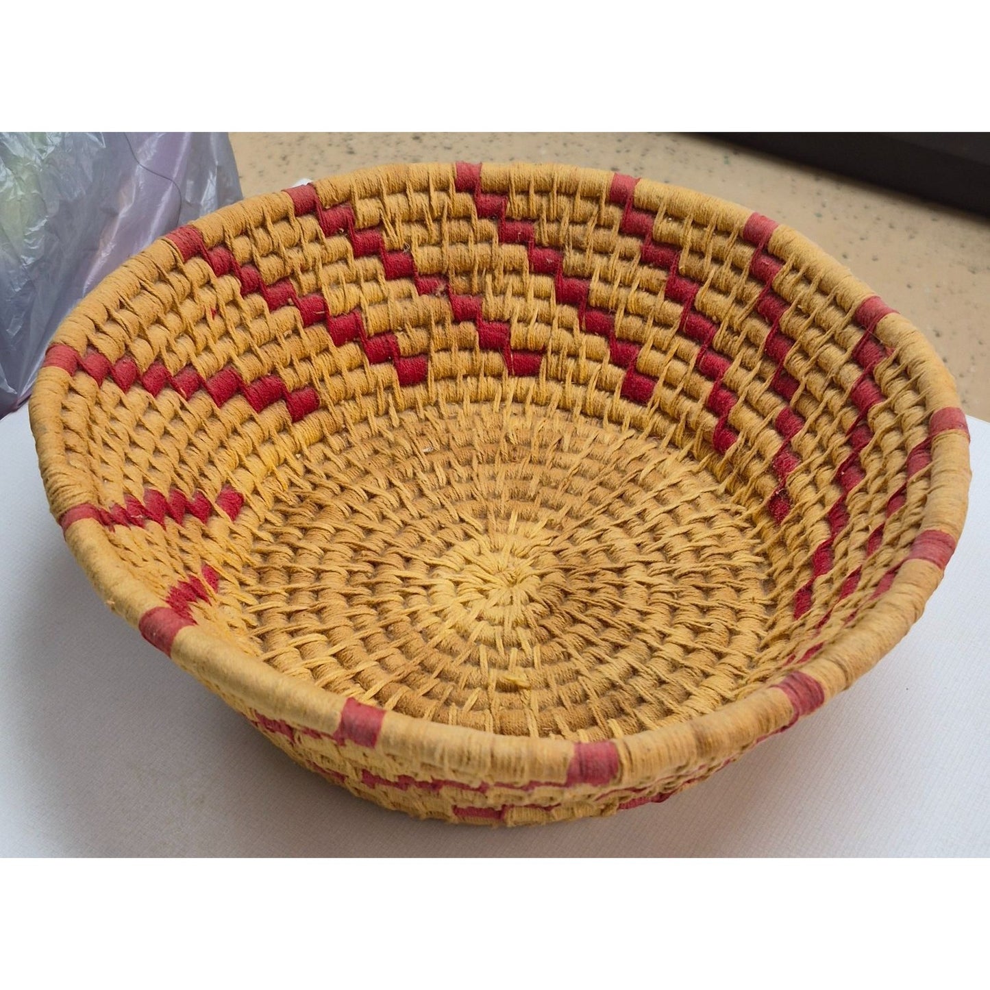 Handwoven Straw Basket With Red & Yellow Zigzag Pattern