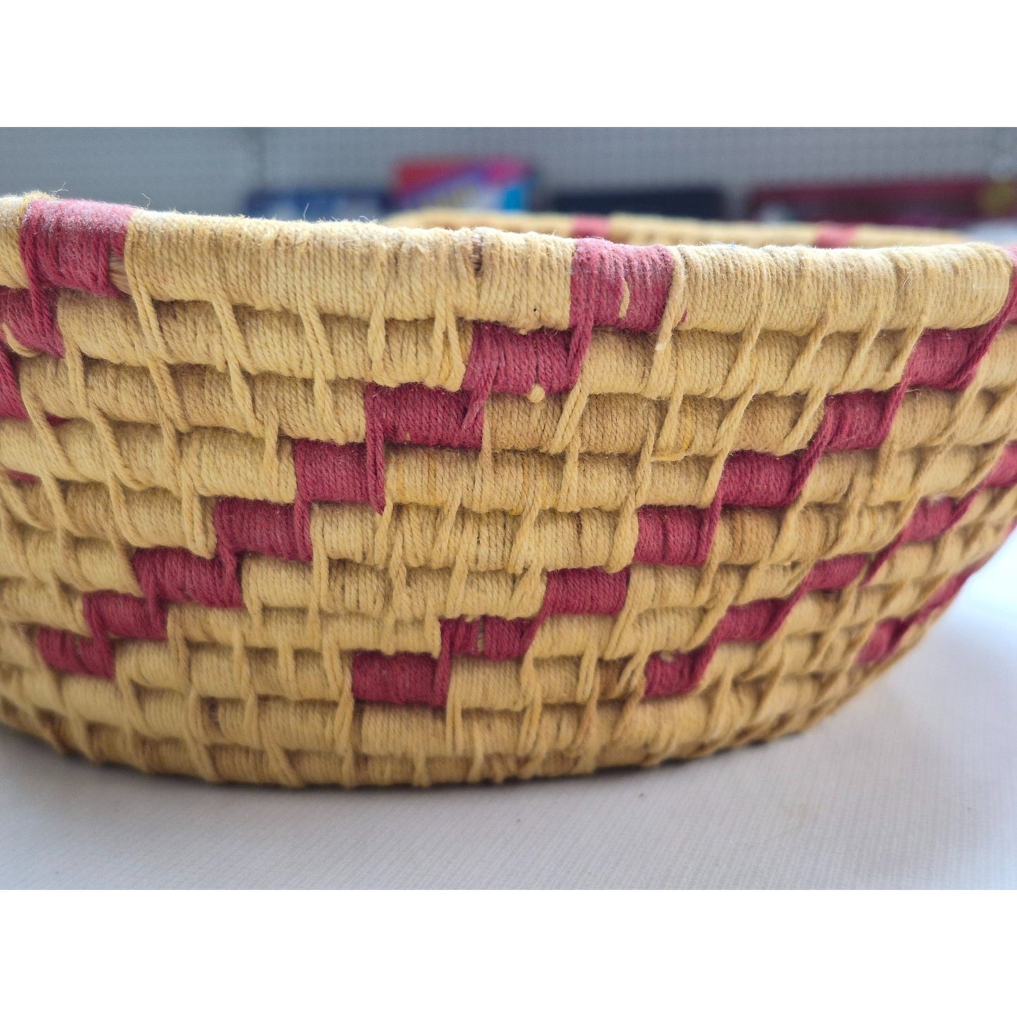 Handwoven Straw Basket With Red & Yellow Zigzag Pattern