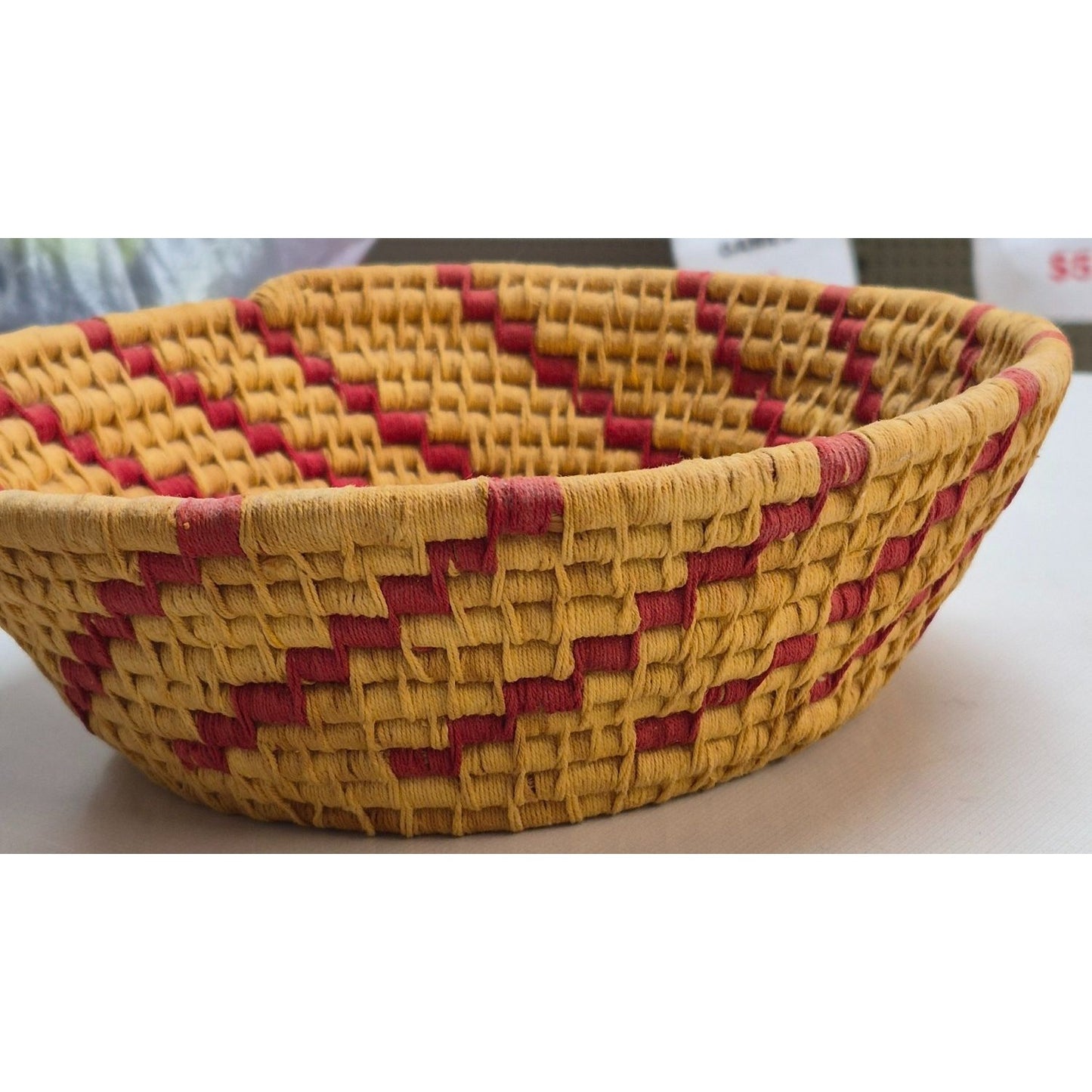 Handwoven Straw Basket With Red & Yellow Zigzag Pattern